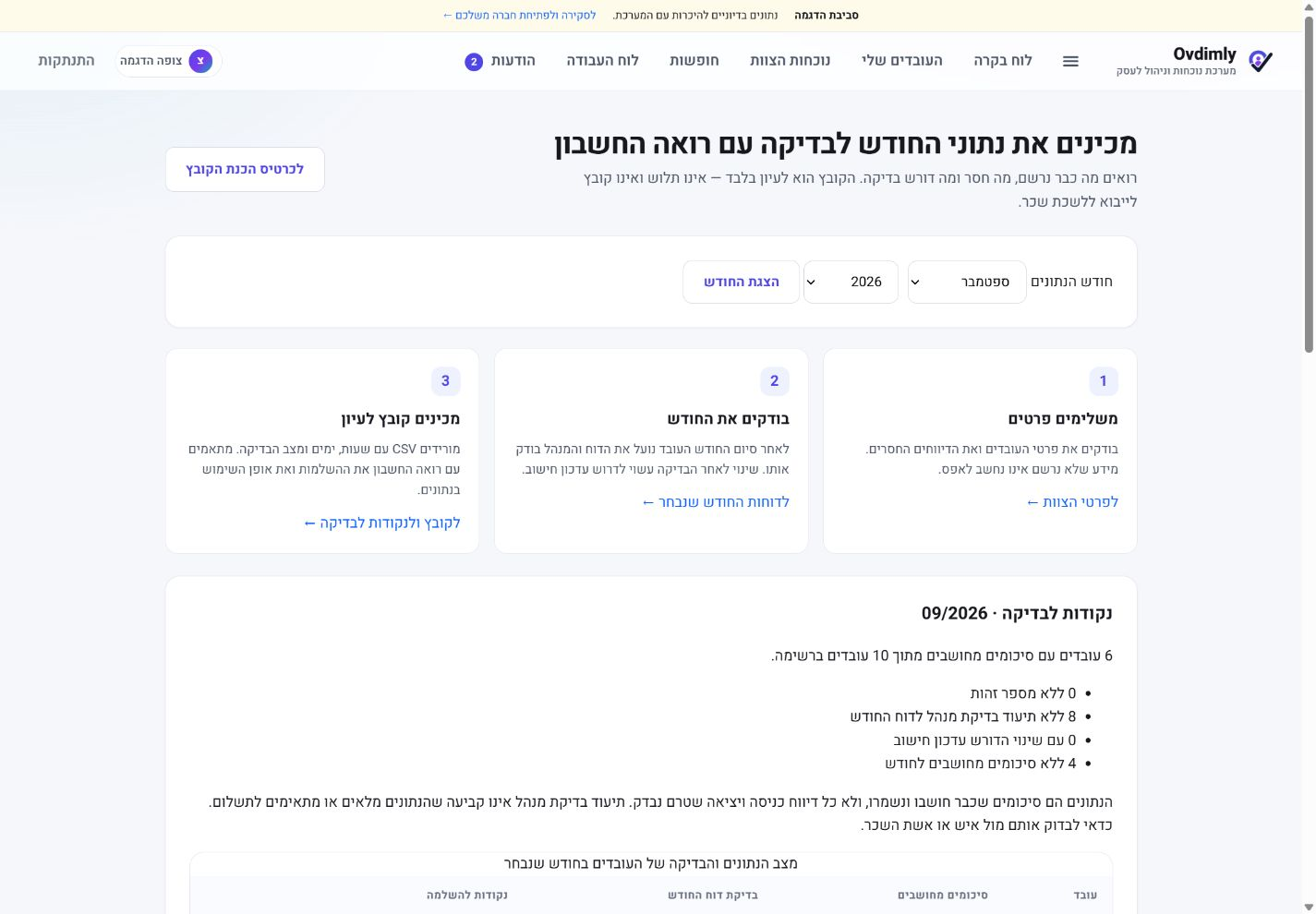 הכנת נתונים לחשבונאות — בדיקת דיווחים ופרטים לפני הורדת קובץ סקירה, בנתוני דוגמה בדיוניים